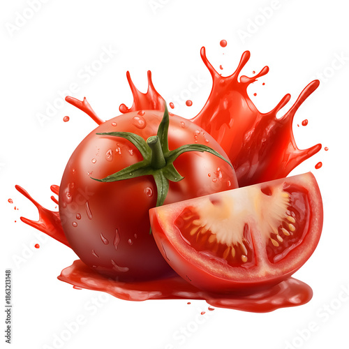Whole Tomato and Wedge with Juice Splash, Green Stem, and Water Droplets on White Background