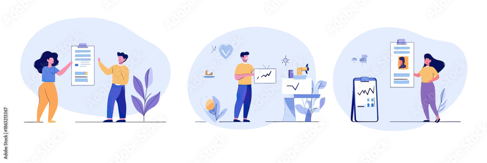 Fototapeta premium Team members setting goals analyzing charts and progress reports planning business objectives strategy success accomplishment flat vector illustration