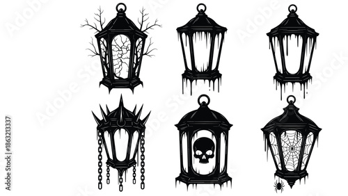 Gothic horror lantern silhouettes collection featuring dripping street lamps, skull, chains, spiderweb, spooky Halloween vector illustration set, dark night design