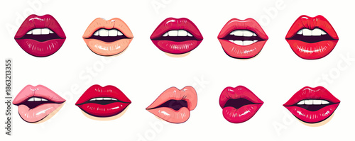 Collection of cartoon female lips with various expressions including open mouth, smile, kiss, and tongue out in flat minimalist vector style for beauty and fashion design concepts