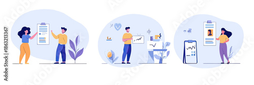 Team members setting goals analyzing charts and progress reports planning business objectives strategy success accomplishment flat vector illustration