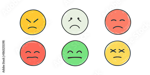 Hand drawn sketch style set of six unhappy and dissatisfied emoji faces with various negative emotions in flat minimalist vector design