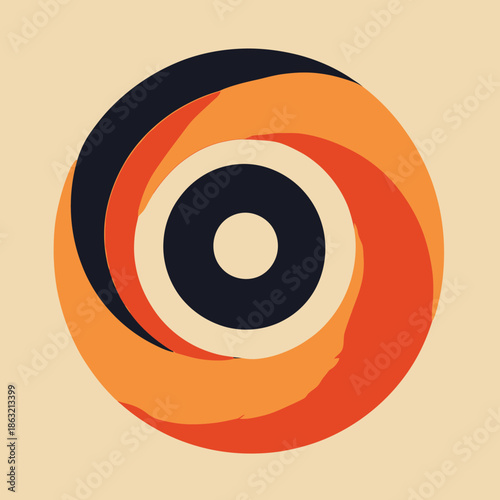 Abstract round spiral with overlapping orange red black curved shapes and central circle design in flat minimalist vector style on beige background