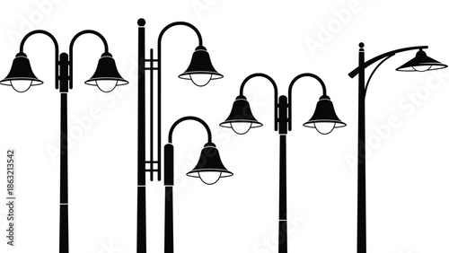 Modern street lamp silhouettes collection, outdoor lighting fixtures set, urban lamp posts designs, black white vector illustration, city infrastructure icons