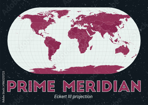 Prime Meridian. World map. Eckert III projection centered to Prime Meridian. Pale Mint Dark Pink palette. Vintage texture. Artistic vector illustration.
