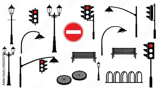 Urban street elements silhouette set, traffic lights, lamps, benches, road signs, city infrastructure icons, black white vector illustration collection design