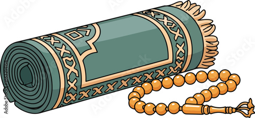 Illustration of a rolled prayer mat with a rosary on a white background with Islamic design elements in green and orange hues.
