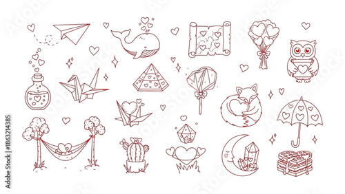 Love and Charm Collection: An array of adorable illustrations celebrates affection and tenderness, featuring charming icons of love and happiness. 