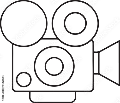 Simple outline illustration of a vintage movie camera in a black and white style