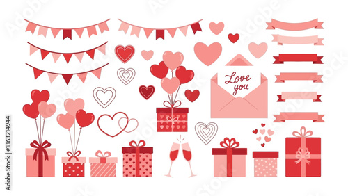 Valentines Day Decor: A lovely collection of romantic elements, including heart-shaped balloons, gifts, banners, and an envelope, embodying love and affection for the season.