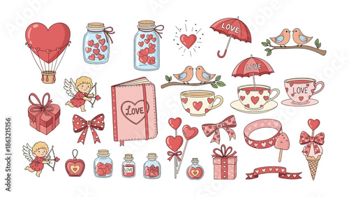 Valentine's Day Collection: A curated collection of charming Valentine's Day illustrations, including love symbols, cupid, gifts, love letter, and hearts.