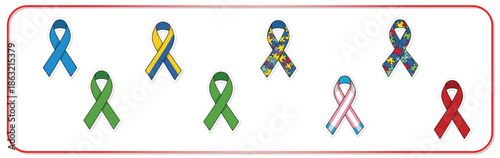 Colorful awareness ribbons for various social causes and charities