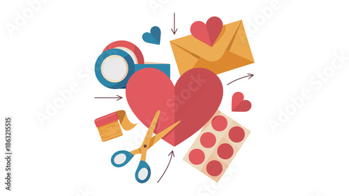 Crafting Love: An artistic arrangement of craft materials, including scissors, a heart, and an envelope, creates a visual ode to affection and creativity.