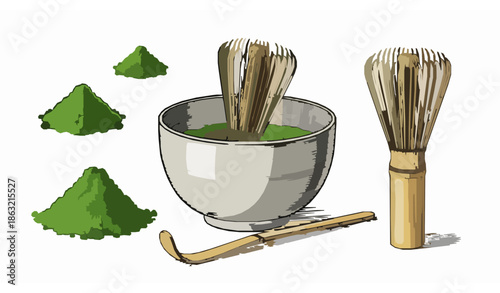 Japanese matcha tea ceremony tools hand drawn illustration set isolated on white