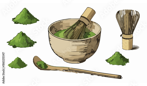 Minimal hand drawn matcha tea tools vector illustration powder whisk and spoon