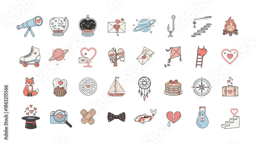 Enchanting Emblems: A charming ensemble of symbolic icons representing various concepts, objects, and ideas, arranged to create an artistic composition, with whimsical and visually delightful appeal.