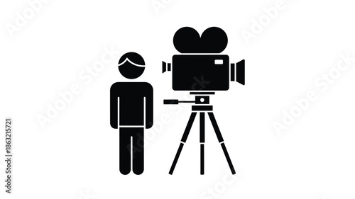A simple black and white icon depicting a filmmaker and a camera on a tripod