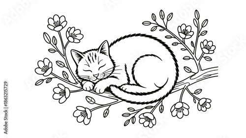A cute feline peacefully sleeping on a branch adorned with delicate blossoms, line art for coloring.