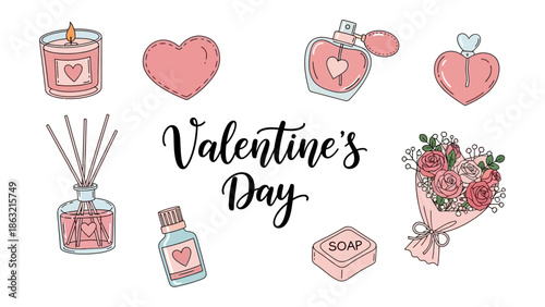 Valentine's Day Elements: A collection of charming Valentine's Day essentials, including candles, hearts, perfume bottles, a diffuser, essential oil, soap, and a bouquet of roses.