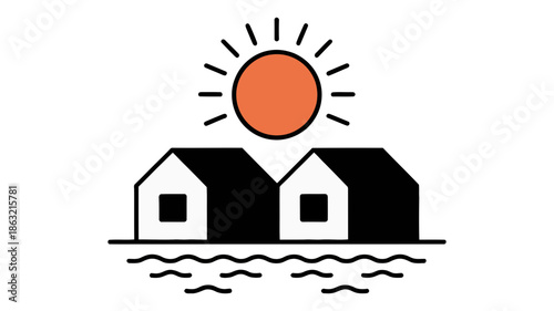 Minimalist illustration of two small houses by the water under a radiant sun