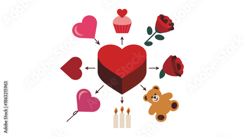 A Valentine's Day Composition: An array of romantic elements radiates from a central heart, forming a celebration of love, affection, and togetherness. Embodying warmth.