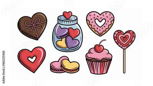 Sweet Delights of Affection: A colorful assortment of heart-shaped treats, including chocolate candies, donuts, lollipops, macarons, and cupcakes, expressing love and joy. 