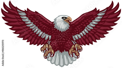 Powerful maroon and white eagle illustration soaring with majestic outstretched wings. Detailed vector art symbolizing strength, freedom, and spirit.