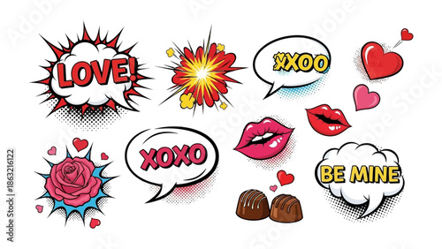 Comic Valentine's Graphics: A pop art explosion of love, featuring speech bubbles with expressions, hearts, a rose, lips and chocolate, perfect for conveying romantic sentiments.