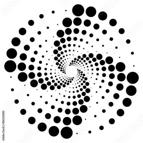 Abstract circle symbol zen icon dotted halftone cyclic swirl twirl shape, spiral round movement motion radial rotation