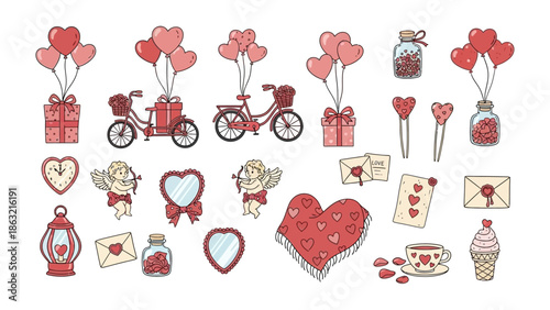 Valentine's Day Collection: An assortment of Valentine's Day themed elements, including heart-shaped balloons, gifts, a bicycle, a mirror, and cup, with an overarching theme of love and romance.