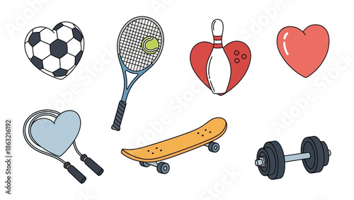 Heart-Shaped Sports Equipment: A visually appealing illustration of sports equipment, each item uniquely stylized with a heart-shaped design, representing love for the game and active lifestyle.