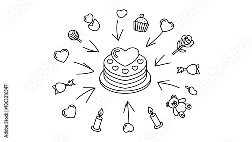 Love's Sweet Centerpiece: A hand-drawn illustration depicts a heart-adorned cake surrounded by symbols of affection, perfect for expressing love and celebration.
