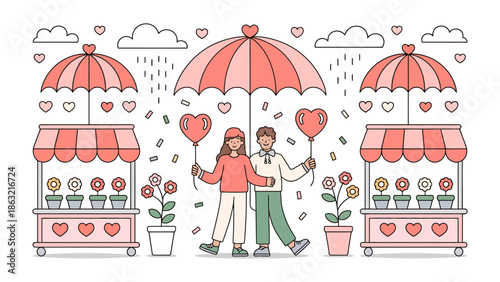 Love in Bloom: A couple walks hand-in-hand under a pink umbrella, amidst a gentle shower of hearts and surrounded by charming flower shops, embodying the sweet essence of romance and affection.