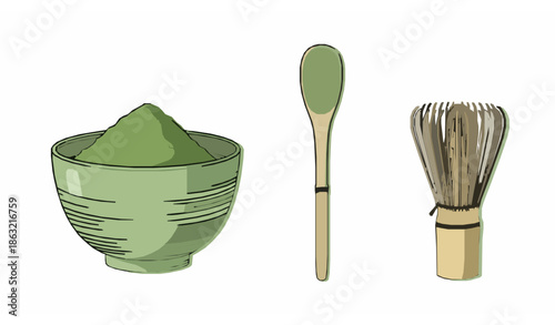 Matcha tea hand drawn vector set with powder spoon and whisk Japanese ceremony tools