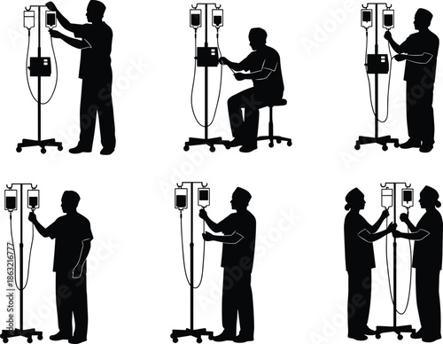 Black and White Silhouette Illustration Set of Medical Staff and Nurses Administering Intravenous Drips with IV Bags on Hospital Stands