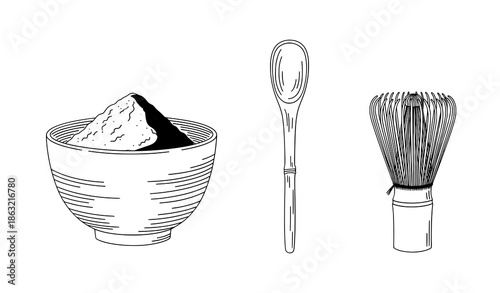 Matcha tea hand drawn vector set with powder spoon and whisk Japanese ceremony tools