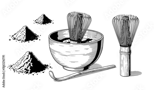Japanese matcha tea ceremony tools hand drawn illustration set isolated on white
