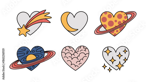 Celestial Hearts: A captivating collection of heart illustrations, each uniquely adorned with celestial elements. Embrace the enchanting fusion of love and the cosmos.