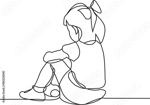  Minimalist continuous one line art illustration of a young girl sitting on the floor