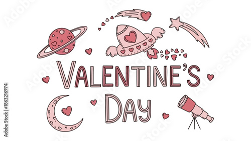 Galactic Valentine's: A celestial composition of planets, rockets, and shooting stars, all adorned with hearts, forms a romantic emblem perfect for celebrating Valentine's Day.