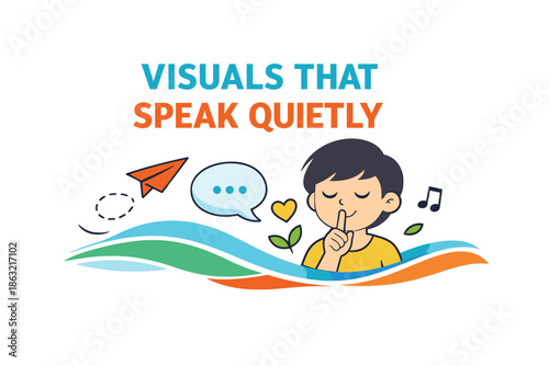 Asian child in yellow shirt making a quiet gesture with speech bubble and symbols