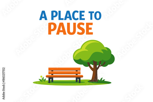 of park bench and tree with text 'a place to pause' on white background