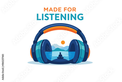 Headphones encompassing meditative scene of mountains and calm lake
