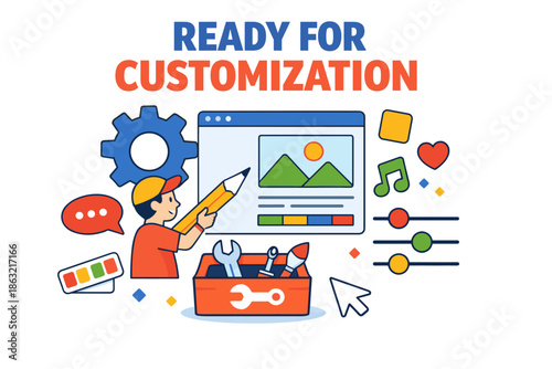 Male graphic designer customizing digital art with tools and interface icons