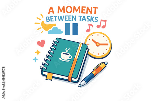 Notebook and clock highlighting relaxation and pause between tasks