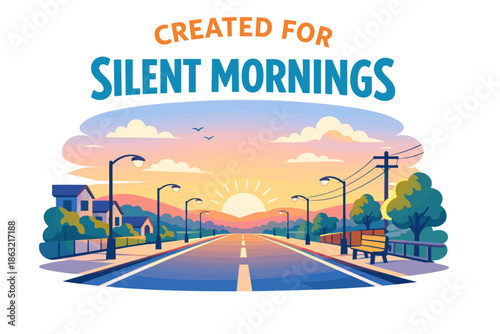 Peaceful sunrise on empty suburban street with benches and lamp posts