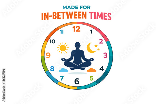 Meditative figure amidst vibrant clock with day-night symbols