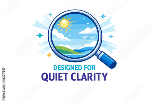 Magnifying glass over scenic landscapes with text 'designed for quiet clarity'