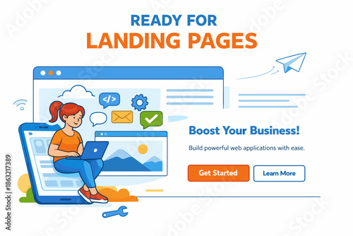 Female coder designing landing page for web applications with laptop