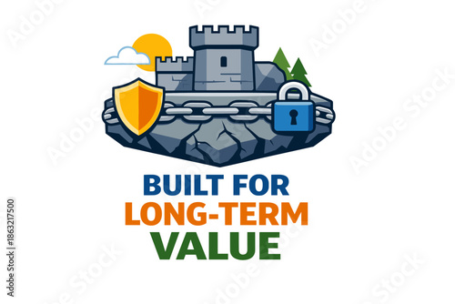 Fortress emblem with shield and padlock symbolizing security and long-term value